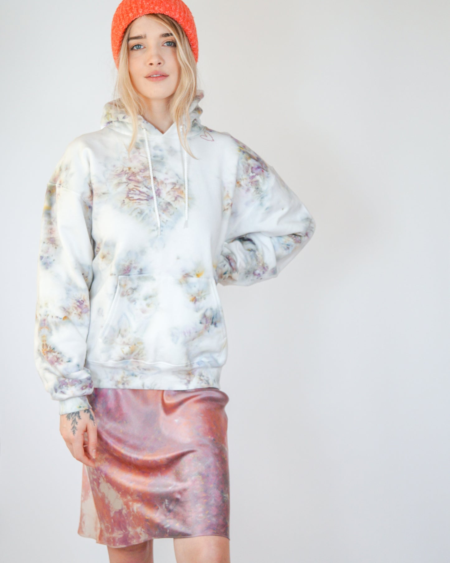 tie dye hoodie and silk dress